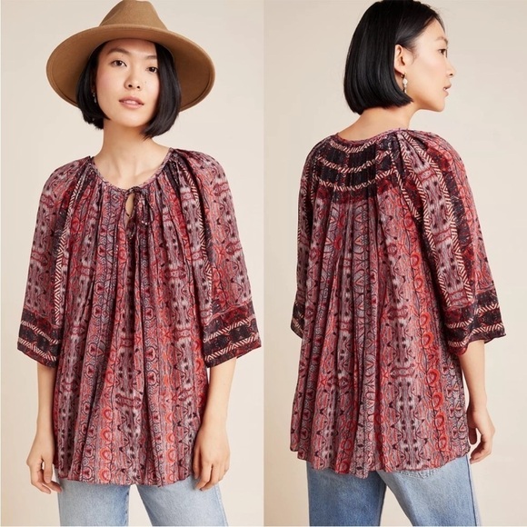 Anthropologie Bhanuni by Jyoti Aleksa Tunic Blouse Split Tie Neck A-Line Swing L - Picture 9 of 14